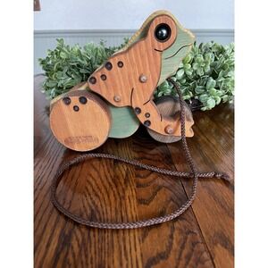 Lark Toys Wooden Frog Handmade Pull Toy Rolling Wheels